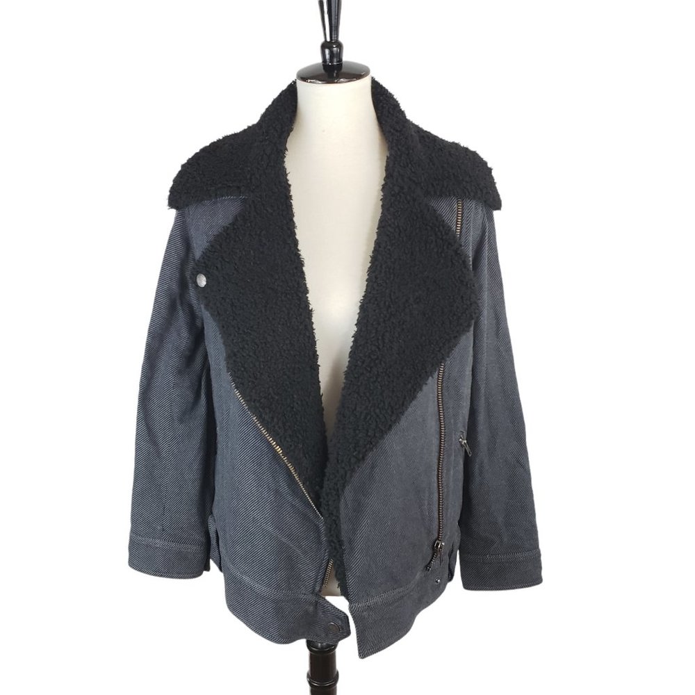BP Grey & Black Asymmetrical Zip Striped Sherpa Moto Jacket XS